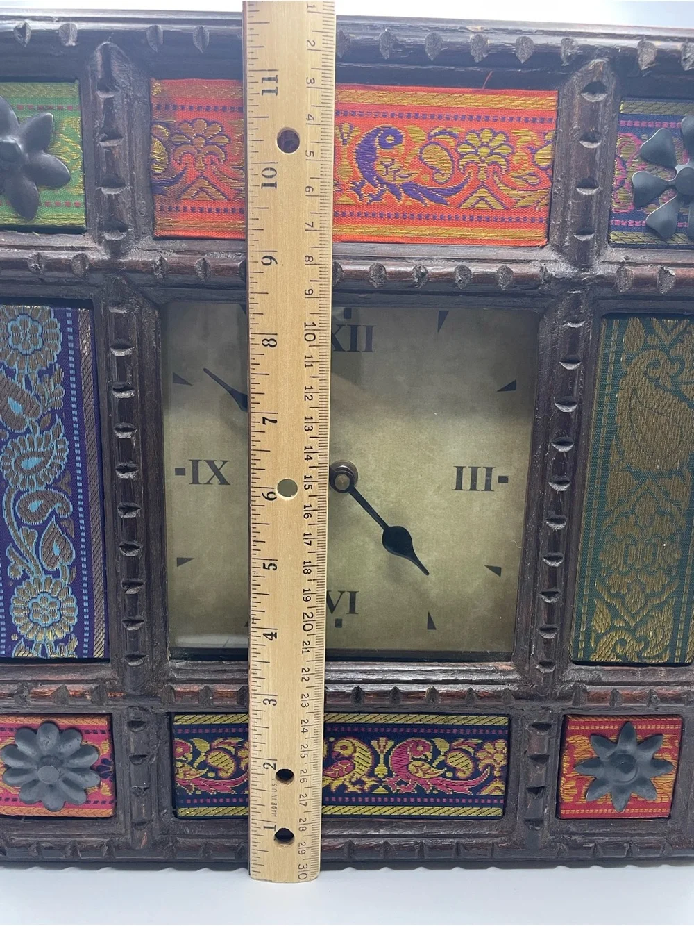 Case India Carved Wood Wall Clock Quartz Movement Bohemian Fabric (Working)